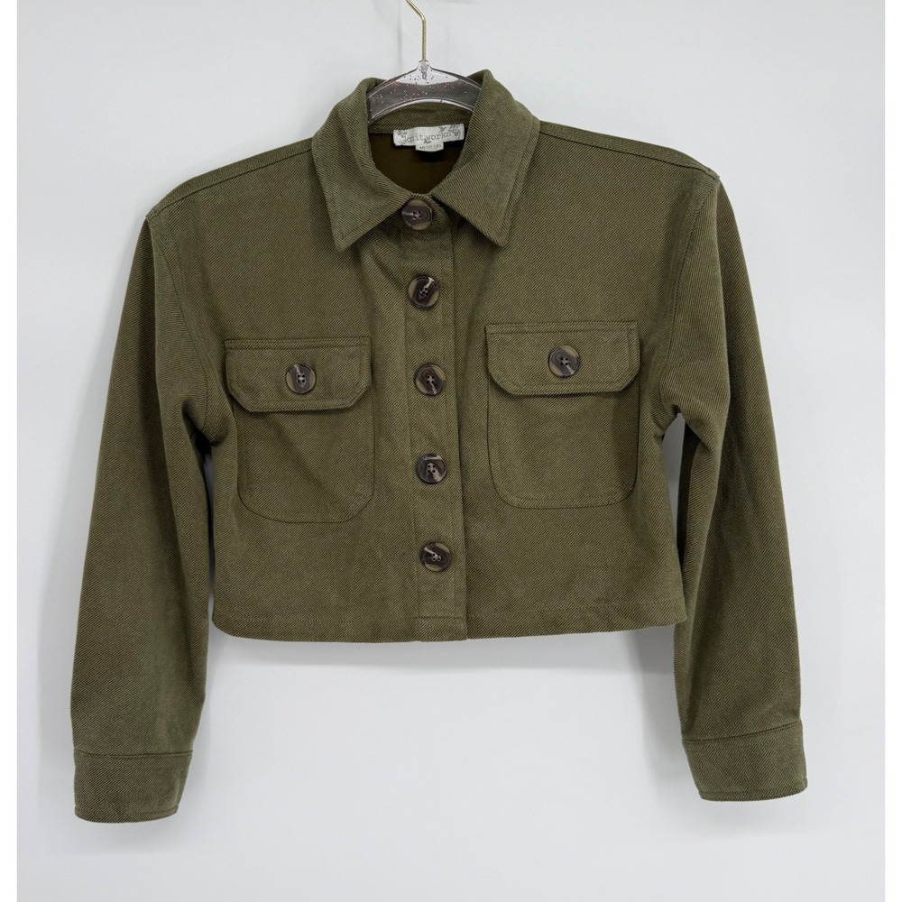 Knitworks Womens Olive Green Cropped Utility Jacket Button Up Sz M 10-12